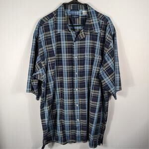 Attitude Shirt 3XLT Navy Blue Plaid Short Sleeve Button Front Cotton Blend Mens